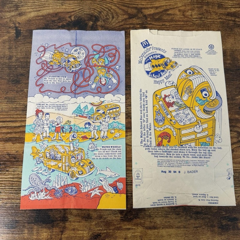 Vintage 1994 McDonald's Scholastic Magic School Bus Happy Meal Paper Bags 2pcs